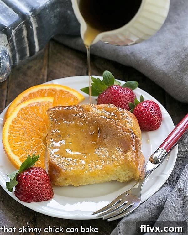 Syrup pouring over a slice of Crème Brûlée French Toast 