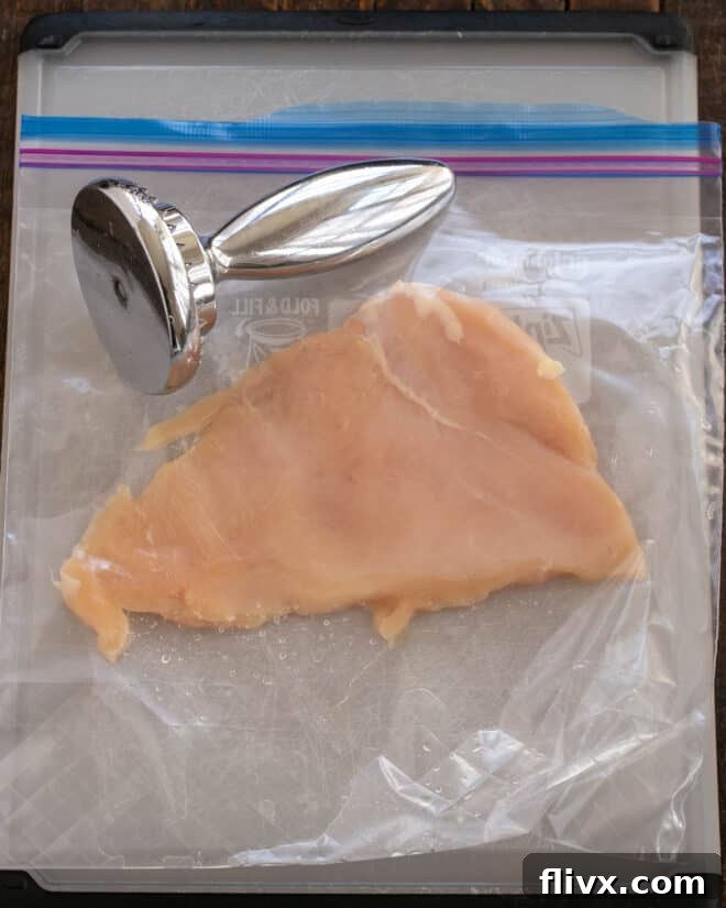 Step 1: Pound boneless skinless chicken breast to a thin cutlet.