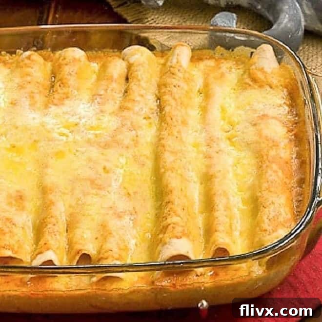 Golden brown cheesy chicken enchiladas bubbling in a Pyrex casserole dish, ready to be served.