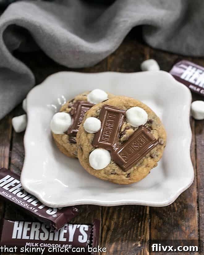 Delightful S'mookies, also known as Gooey S'mores Cookies, arranged on a pristine white square plate, showcasing their toasted marshmallow and melted chocolate topping.