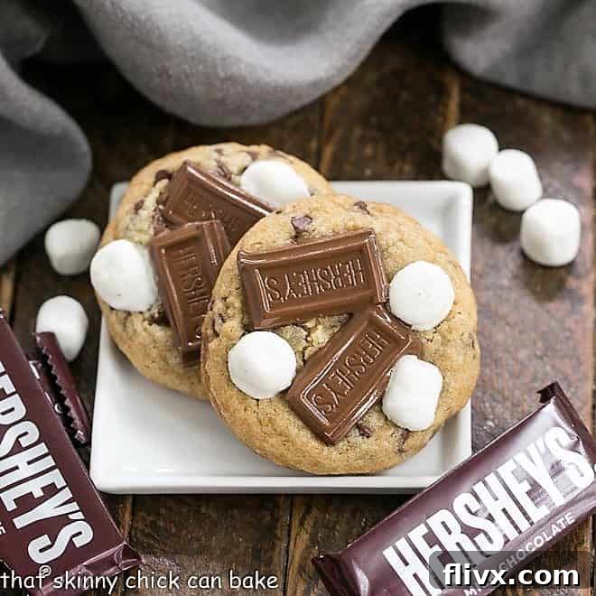 The featured image for S'mookies, or Gooey S'mores Cookies, showcasing their irresistible texture and toppings.