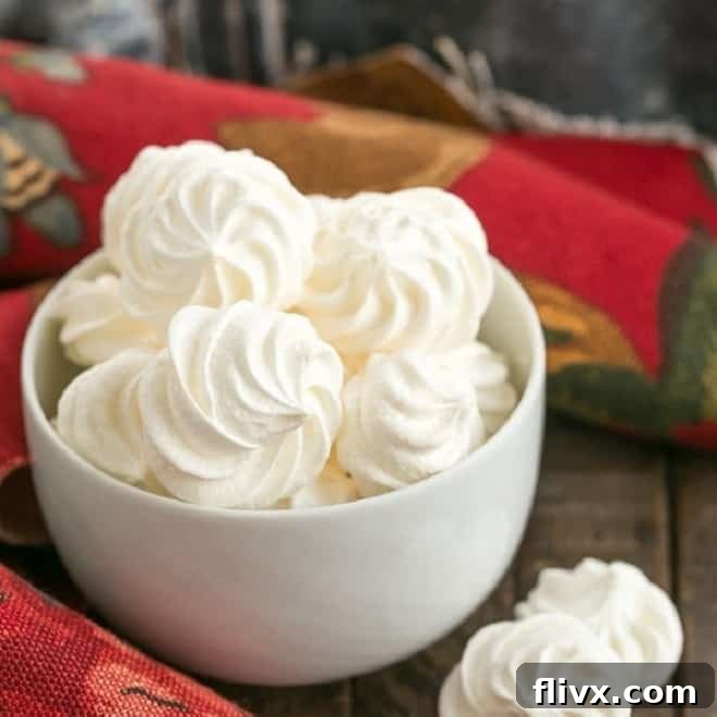Delicate, small meringue cookies with a crisp exterior and airy interior.