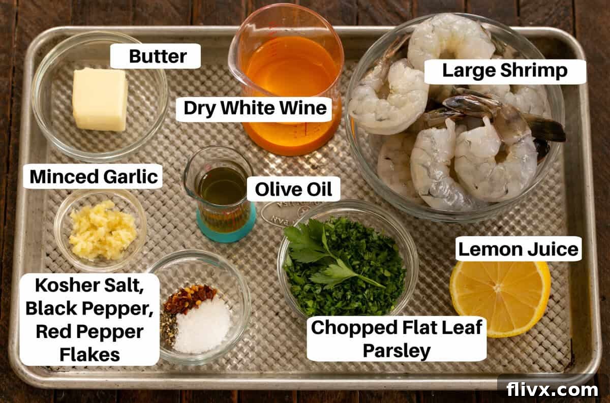 Shrimp Scampi Ingredients on a sheetpan with labels.