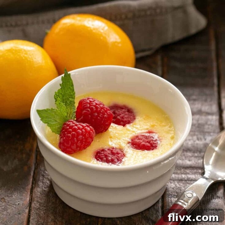 Meyer Lemon Mousse in a white ramekin garnished with fresh raspberries and mint.