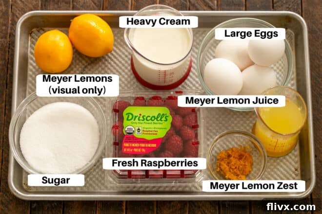 Meyer Lemon Raspberry Mousse Ingredients with labels on a sheetpan.
