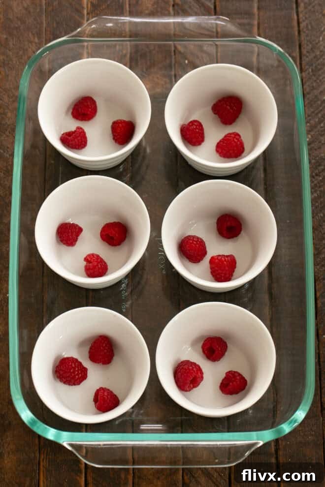 Place 6 ramekins in a large rimmed baking pan; add raspberries.