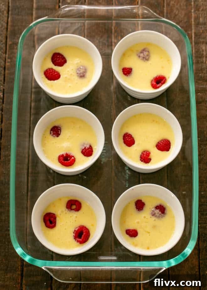 Divide the lemon mixture between the ramekins. Add warm water to make a water bath.