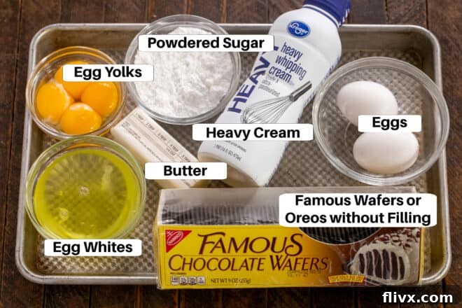 Chocolate Mousse Cake Ingredients laid out on a sheet pan with labels, demonstrating preparation.