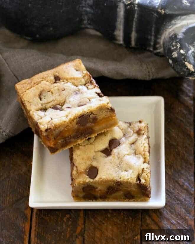 Two perfectly cut chocolate caramel bars arranged on a simple square white plate, ready to be enjoyed.