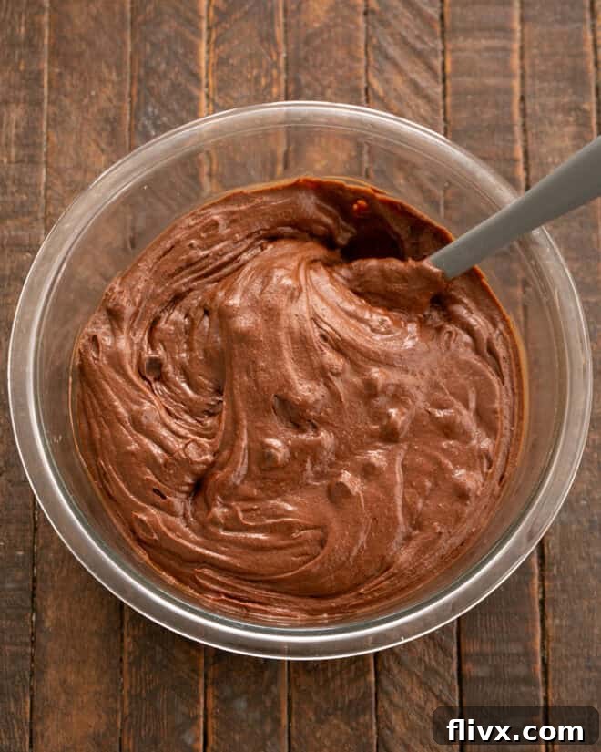 A bowl filled with rich, dark double chocolate cookie batter sits, perfectly mixed and ready for chilling. The batter is thick and studded with visible chocolate chunks, promising fudgy cookies.
