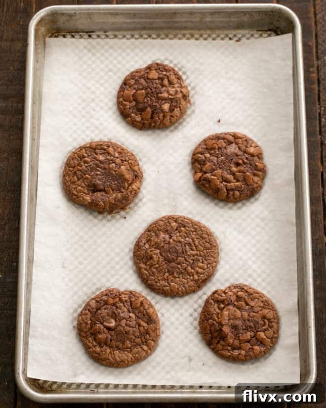 A baking sheet filled with freshly baked double chocolate cookies, still warm and slightly soft, showing their rich color and delicious texture, ready to be transferred to a cooling rack.