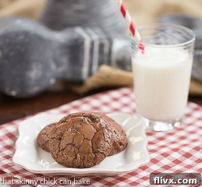 A perfectly baked Double Chocolate Cookie rests on a white plate, accompanied by a refreshing glass of milk, creating a classic and inviting scene. These rich, fudgy cookies are studded with two types of chocolate and generous chocolate chunks, promising a truly decadent treat.