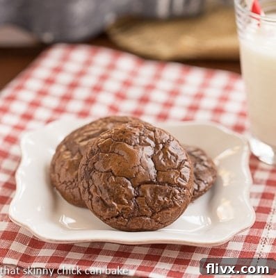 Three rich, dark, and perfectly fudgy Double Chocolate Cookies are arranged on a small white plate, ready to be enjoyed. Their inviting texture hints at the deep chocolate flavor within.