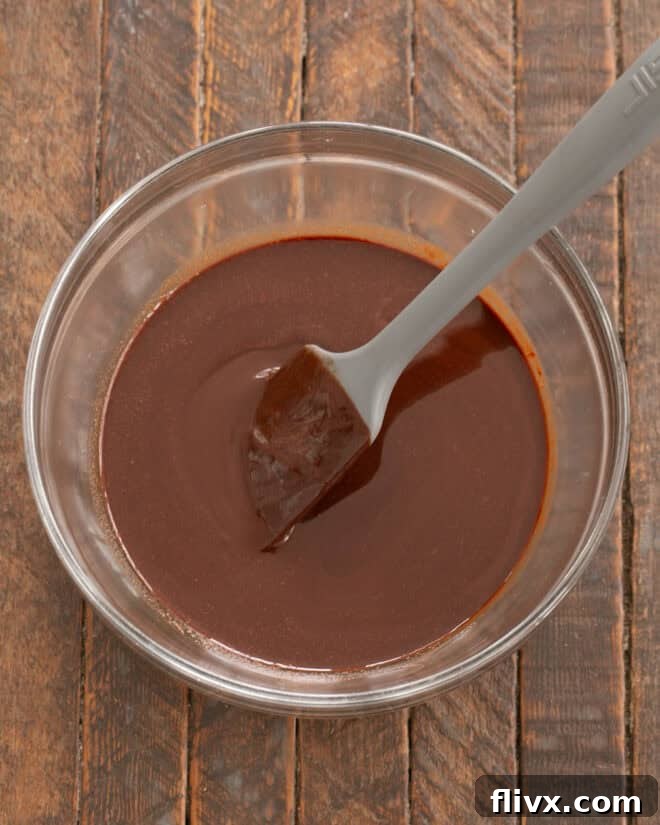 The butter and chocolate are now beautifully melted and combined in a mixing bowl, creating a smooth, glossy, and rich base for the double chocolate cookie dough.