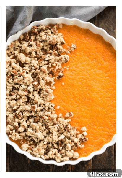 Sweet Potato Casserole with part of the praline topping already added.