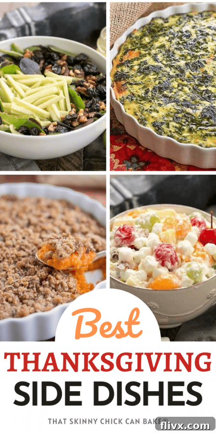 A collage of four enticing Thanksgiving side dish photos with a descriptive text box, highlighting delicious and easy holiday recipes to start new traditions.