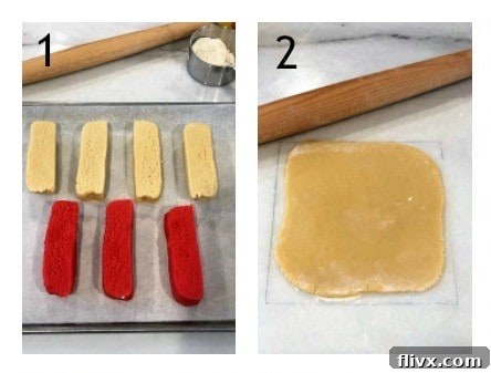 Holiday Pinwheels process shots numbered 1,2, showing dough squares being cut into strips and dough being rolled with pencil markings.