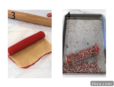 Holiday Pinwheels Process numbered shots 3, 4, depicting plain dough placed over red dough, rolled into a cylinder, and then rolled in sprinkles.