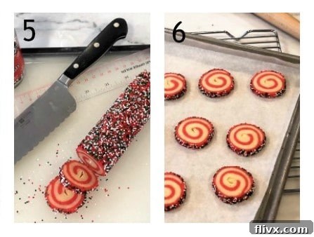 Holiday Pinwheels process shots numbered 5, 6, showing chilled dough log being sliced into rounds and placed on a baking sheet.