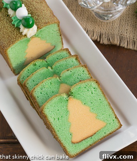 Holiday Cream Cheese Pound Cake - with a Christmas tree surprise in every slice! Cream Cheese Pound Cake with hidden Christmas trees after baking