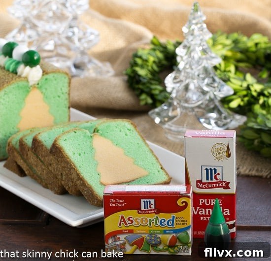 Luscious Holiday Cream Cheese Pound Cake 3 Sliced Holiday Cream Cheese Pound Cake showing internal Christmas trees