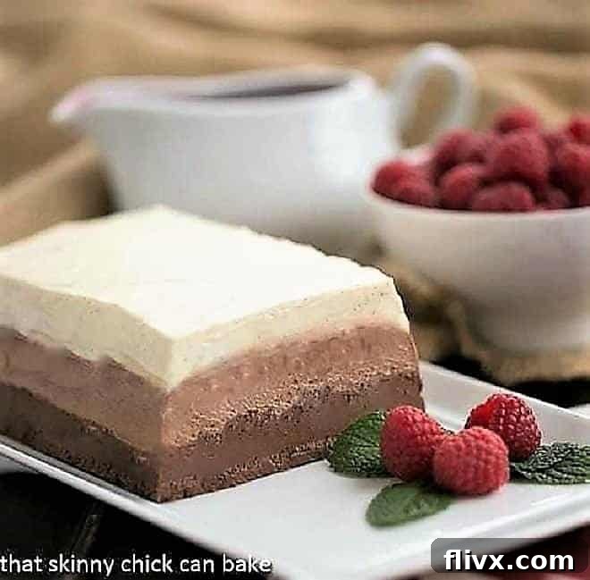 A stunning Triple Chocolate Terrine, elegantly presented on a white platter, garnished with vibrant raspberries and fresh mint leaves, highlighting its three distinct layers.