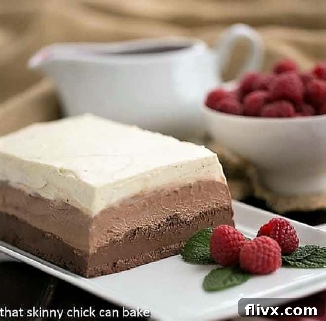 Triple Chocolate Terrine on a white platter with raspberries and mint
