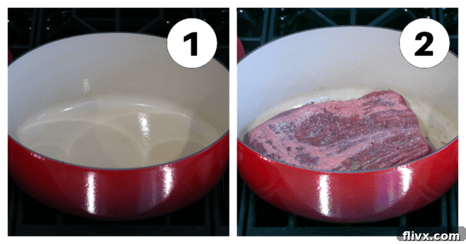 Process shots showing brisket being seasoned and seared in a Dutch oven.