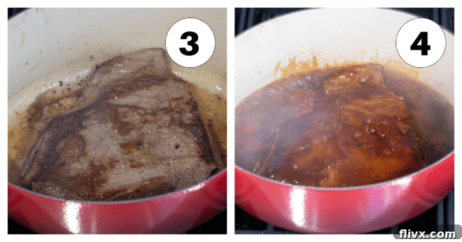 Process shots showing the coffee glaze being added to the seared brisket and the Dutch oven being covered.