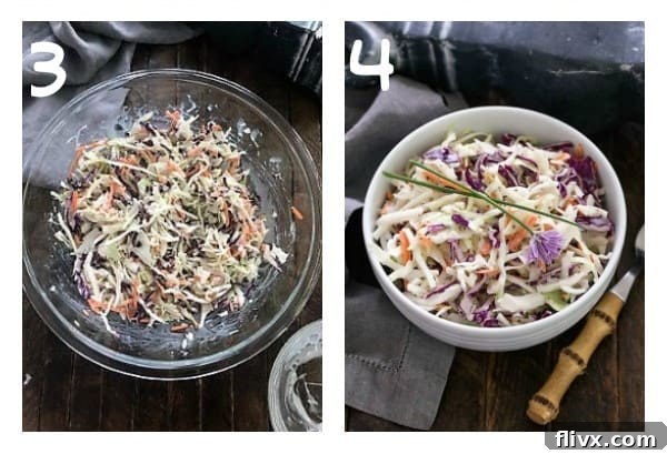 KFC-Style Coleslaw: The Buttermilk Dressing Secret 3 Coleslaw process shots numbered 3,4, showing tossing and chilling.