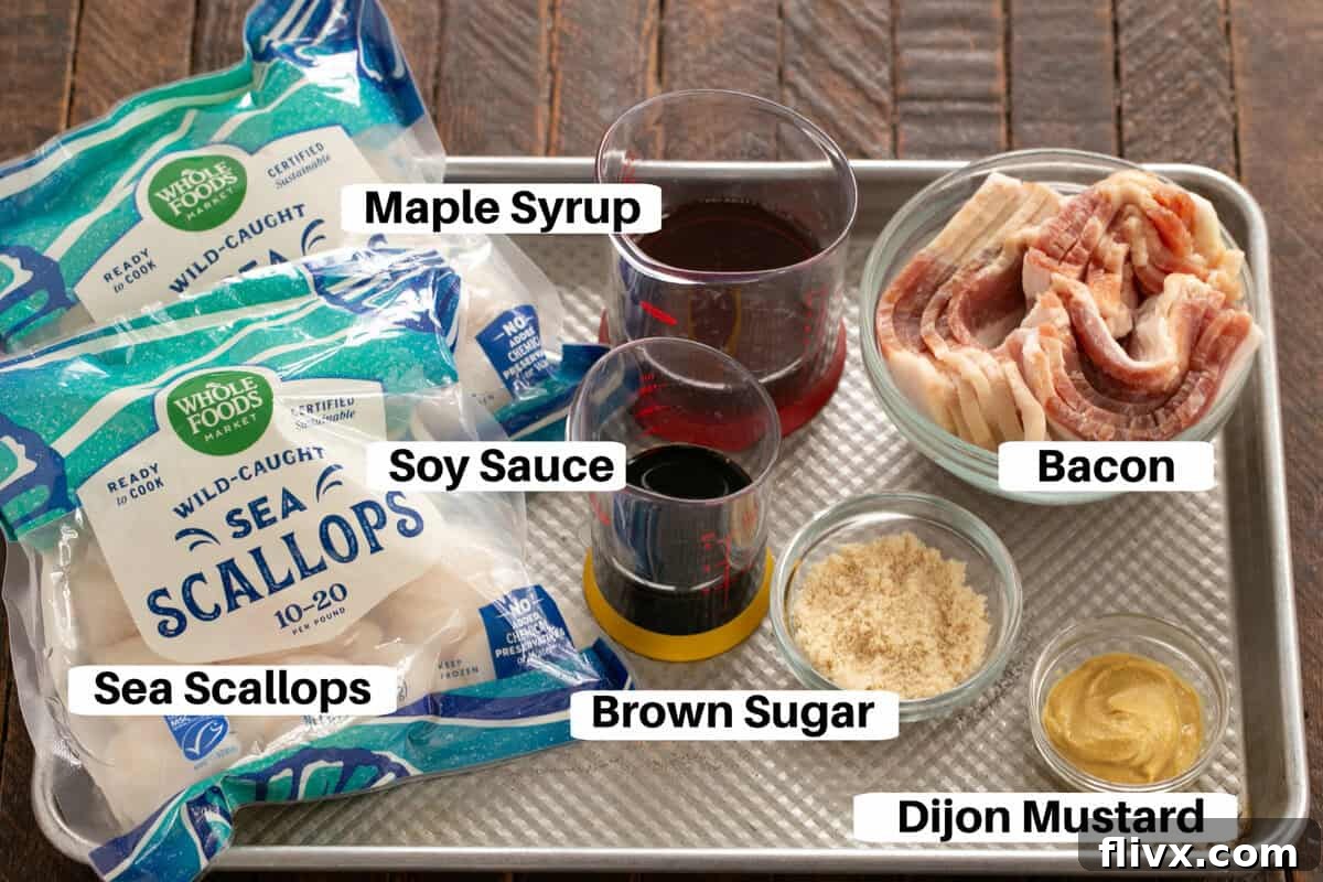 Maple Glazed Sea Scallops Ingredients with labels on a metal sheet pan.