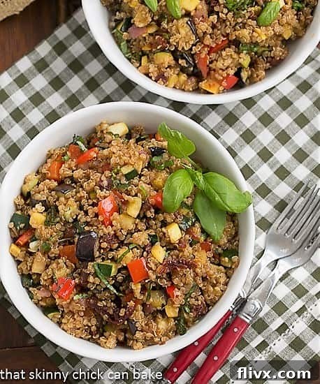 Overhead view of two inviting bowls of Quinoa Salad with Roasted Vegetables, showcasing fresh ingredients and vibrant colors