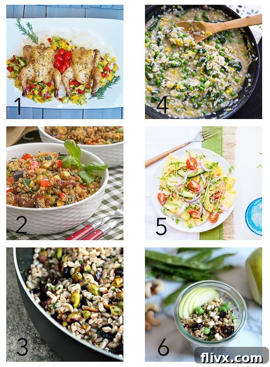 A collage of various healthy spring recipes from different food bloggers, featuring fresh ingredients