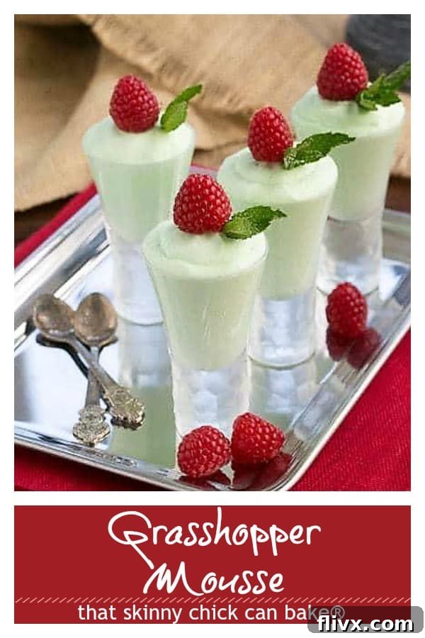 Pinterest collage for Grasshopper Mousse featuring various serving styles and descriptive text emphasizing its ease and deliciousness for St. Patrick's Day or Easter.