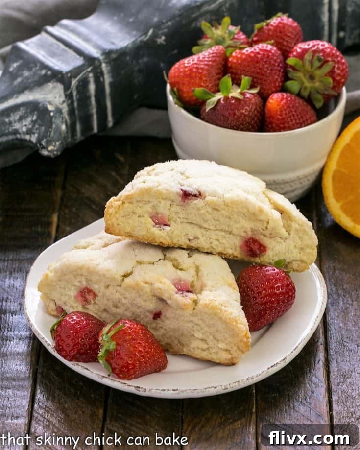 Two scones on a round white plate with fresh strawberries
