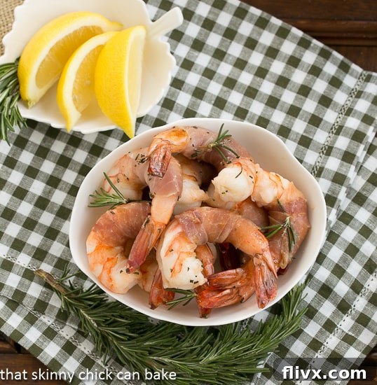 Rosemary Prosciutto Shrimp overhead view in a white bowl.