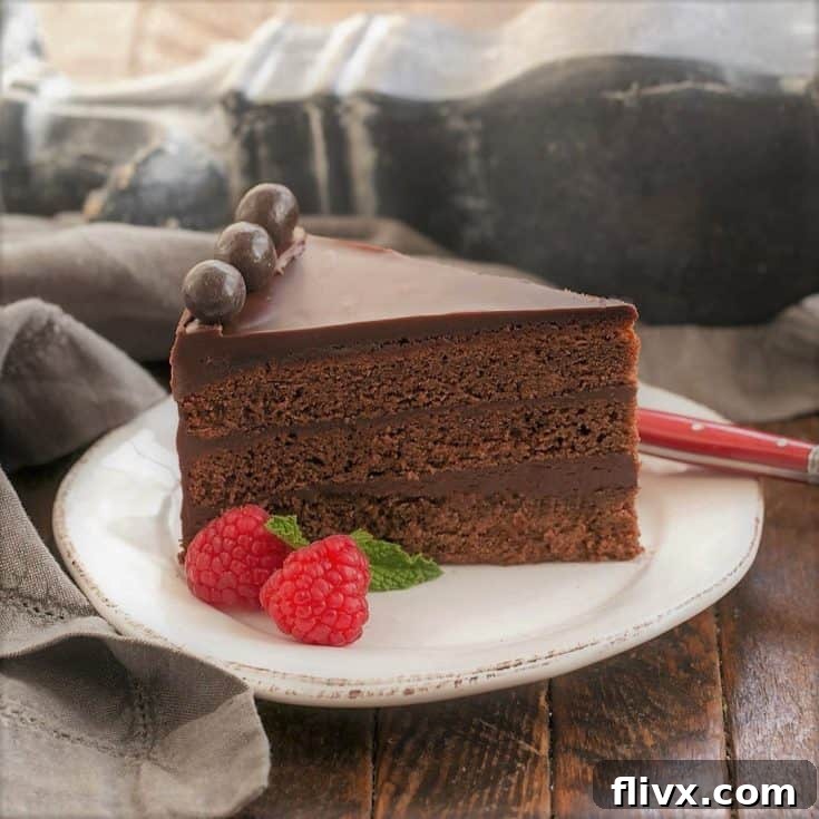 A slice of chocolate brownie cake on a white dessert plate garnished with 2 fresh raspberries, showcasing its moist layers and rich ganache.