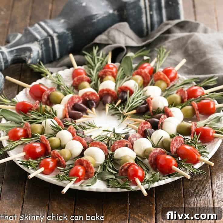 Skewered Antipasto Ingredients arranged on a platter for the holidays.