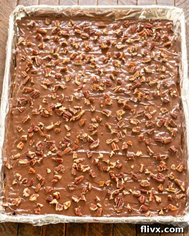 Add chocolate chips, spread when melted, then add toasted pecans for a perfect finish.