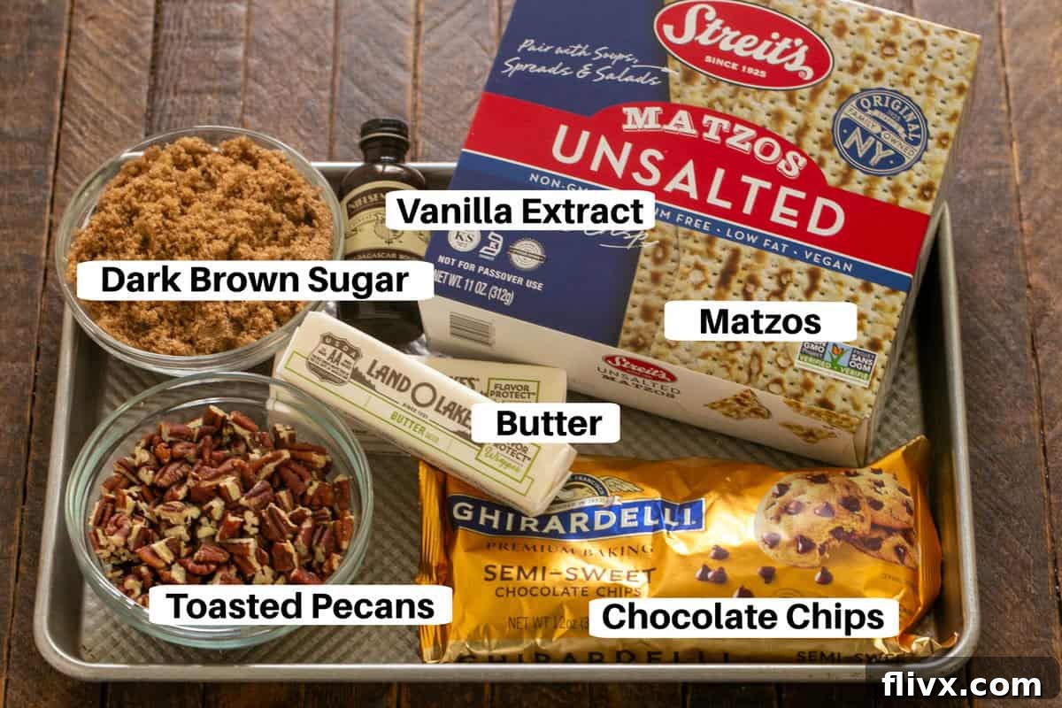 Matzo Crack Ingredients with labels, showcasing high-quality butter, chocolate, brown sugar, and matzo.