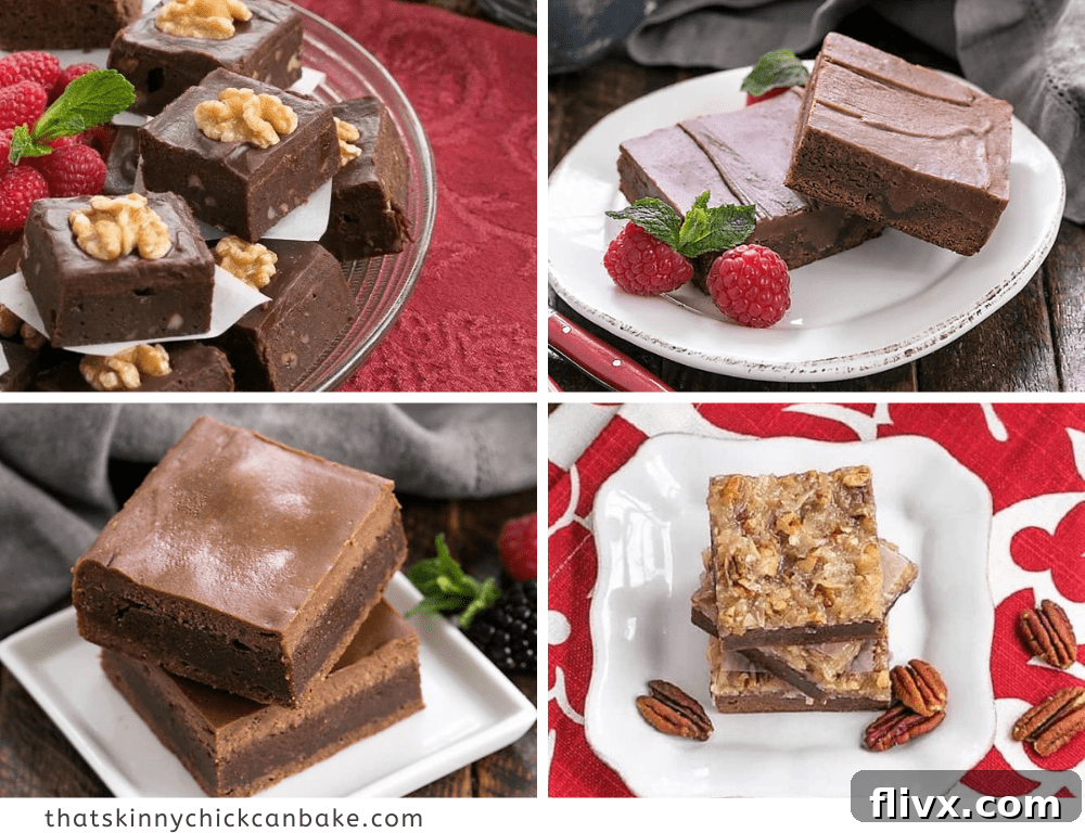 A collage featuring various delectable brownie creations, showcasing different textures and toppings. From classic fudgy brownies to those with unique swirls and garnishes, this image highlights the versatility and irresistible appeal of homemade brownies.