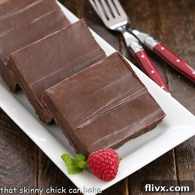 A tantalizing view of three rich, fudgy brownie squares artfully arranged on a white ceramic tray, showcasing their dense texture and glistening fudge topping, a true delight for chocolate lovers.