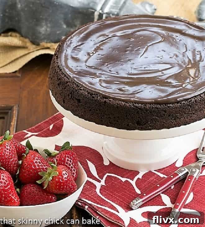 Whole Flourless Double Chocolate Cake on a white ceramic cake stand, showcasing its glossy ganache topping.