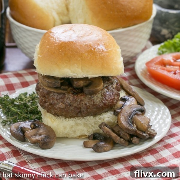 Mushroom Topped Pinot Noir Burgers from That Skinny Chick Can Bake