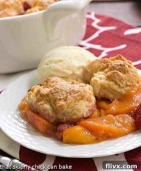 A beautifully baked Peach Raspberry Cobbler on a white dessert plate, accompanied by a melting scoop of creamy vanilla ice cream.