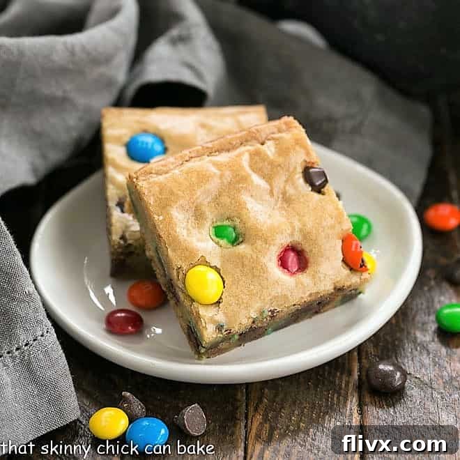 M & M Blondies on a white plate