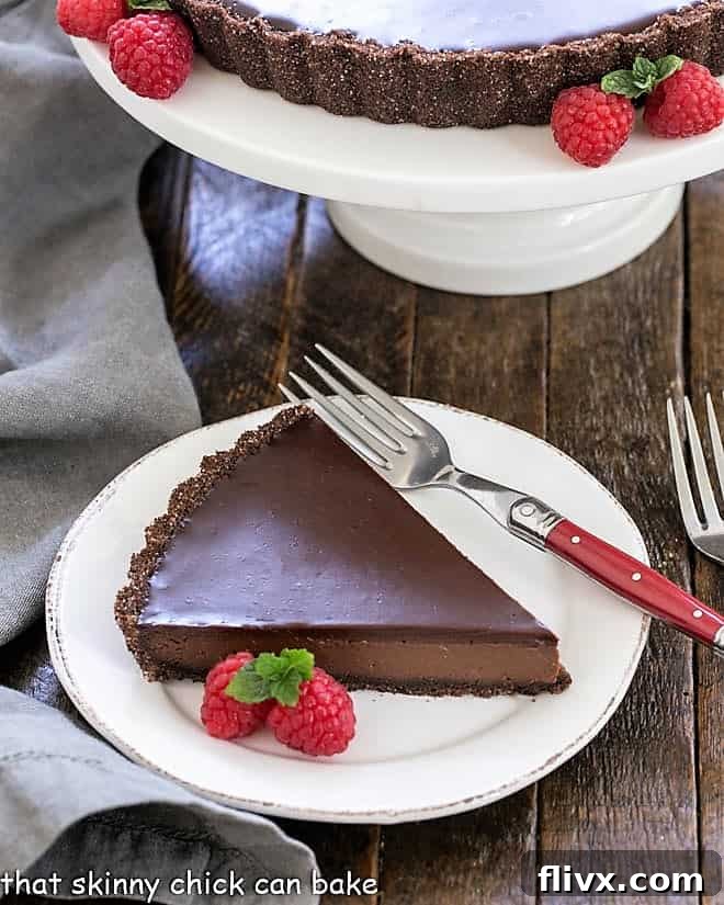 A pristine slice of Ganache Topped Chocolate Tart on a white plate, elegantly garnished with a fresh raspberry and a delicate mint leaf, highlighting its rich texture.