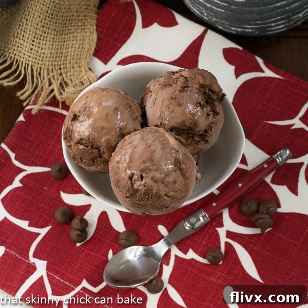 Overhead perspective of two perfectly formed scoops of rich Chocolate Truffle Ice Cream, garnished with chocolate shavings in a clean white bowl.