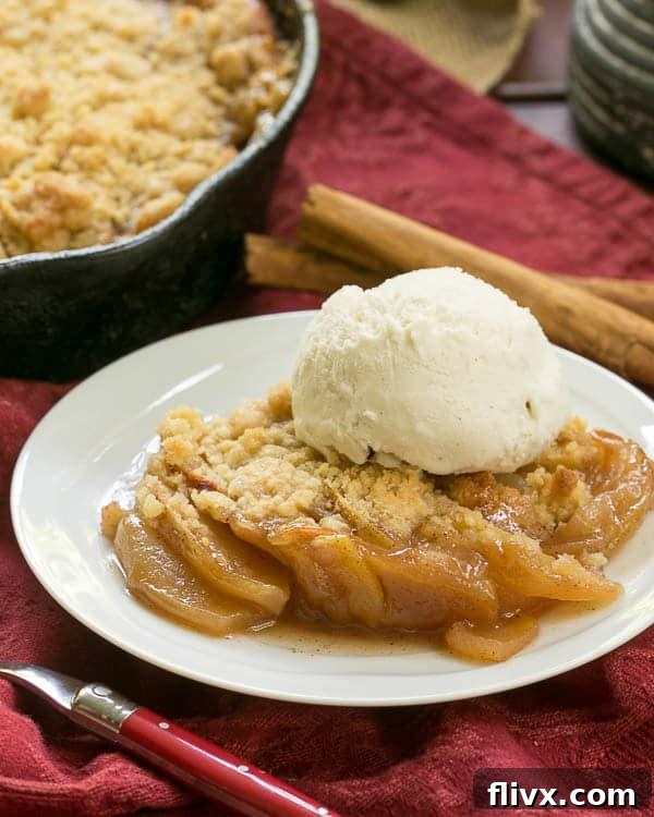 A beautifully plated serving of Grilled Apple Crisp with ice cream, resting in front of the cast-iron skillet filled with more crisp, highlighting its delicious presentation.
