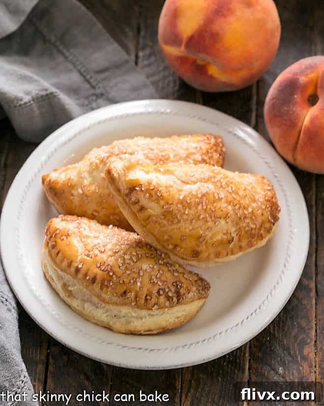Three golden-brown peach turnovers, garnished with a dusting of coarse sugar, arranged on a pristine white plate, viewed from above.